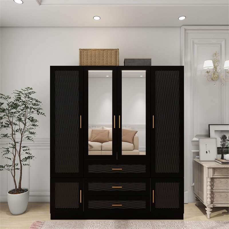 Pemberly Row 4 Doors Wood Black Armoire Wardrobe Closet with Mirror and 4 Drawer