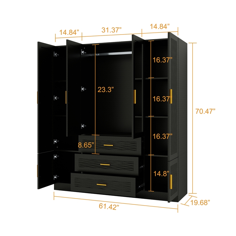 Pemberly Row 4 Doors Wood Black Armoire Wardrobe Closet with Mirror and 4 Drawer