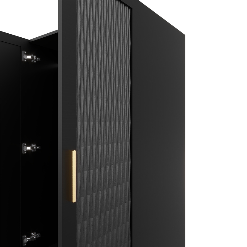 Pemberly Row 4 Doors Wood Black Armoire Wardrobe Closet with Mirror and 4 Drawer