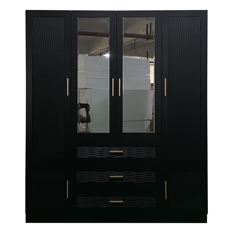 Pemberly Row 4 Doors Wood Black Armoire Wardrobe Closet with Mirror and 4 Drawer