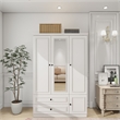 Pemberly Row 3 Doors Wood White Armoire Wardrobe Closet with 2 Drawers & Mirror