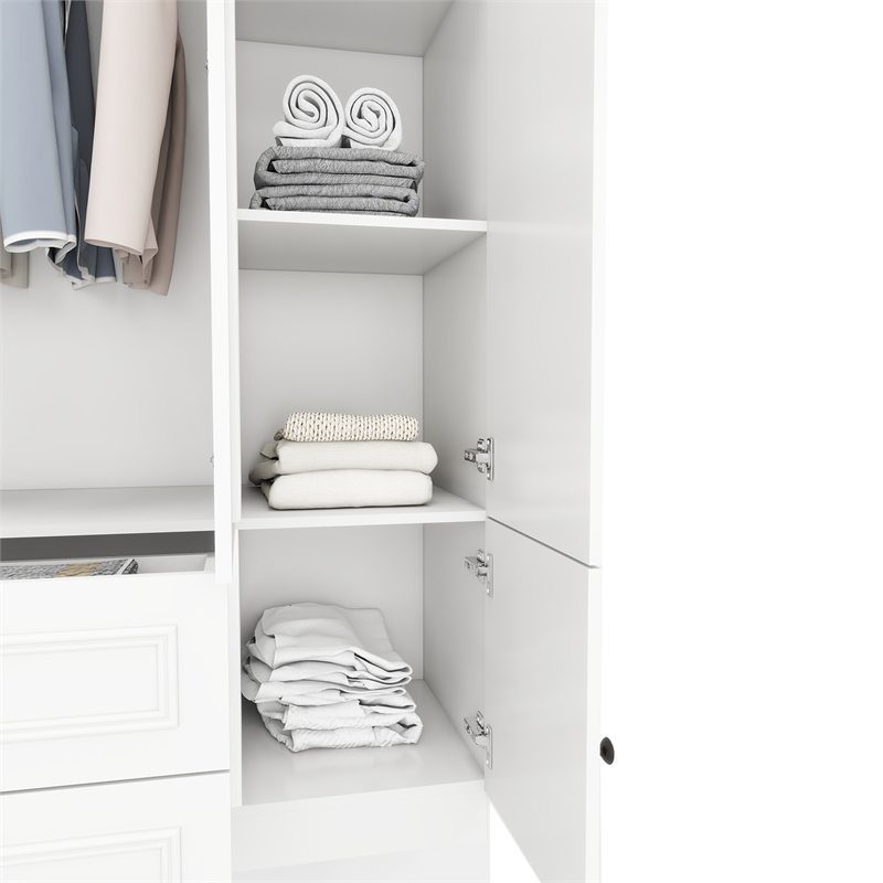 Pemberly Row 3 Doors Wood White Armoire Wardrobe Closet with 2 Drawers & Mirror