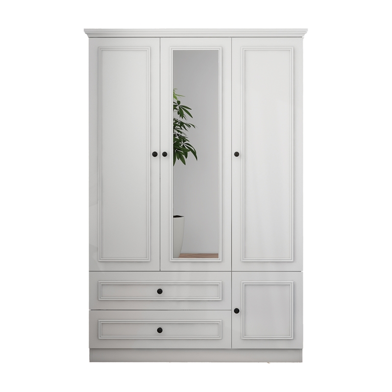 Pemberly Row 3 Doors Wood White Armoire Wardrobe Closet with 2 Drawers & Mirror