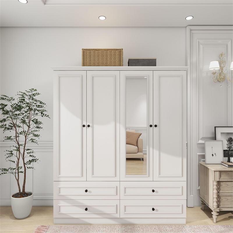 Pemberly Row 4 Doors Wood White Armoire Wardrobe Closet with 4 Drawers & Mirror