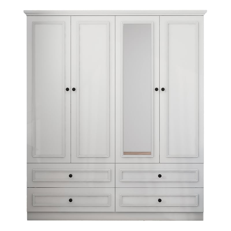 Pemberly Row 4 Doors Wood White Armoire Wardrobe Closet with 4 Drawers & Mirror