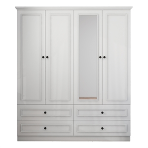 Pemberly Row 4 Doors Wood White Armoire Wardrobe Closet with 4 Drawers & Mirror