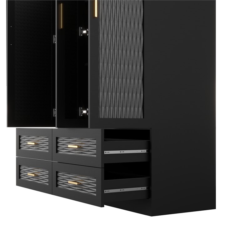 Pemberly Row 3 Doors Wood Armoire Wardrobe Closet with Mirror in Black