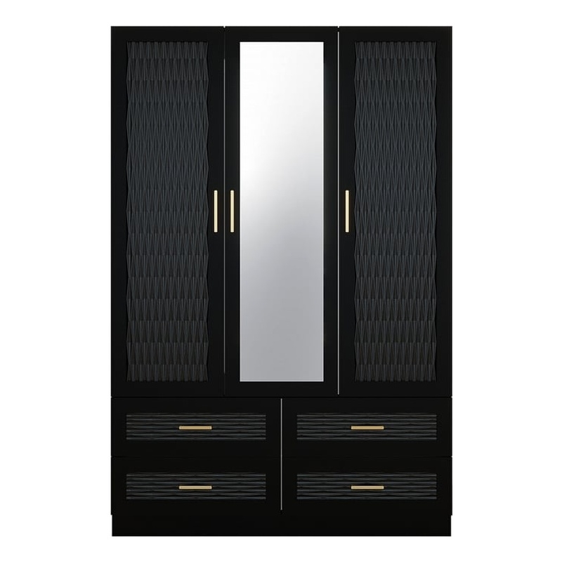 Pemberly Row 3 Doors Wood Armoire Wardrobe Closet with Mirror in Black