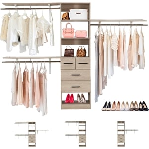 Pemberly Row Wood Closet Organizer System with 3 Shelf Towers & 4 Drawers in Oak
