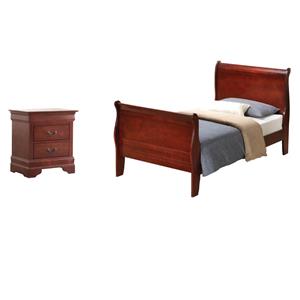 Pemberly Row Set of 2 Twin Sleigh Bed and 2-Drawer Nightstand in Cherry