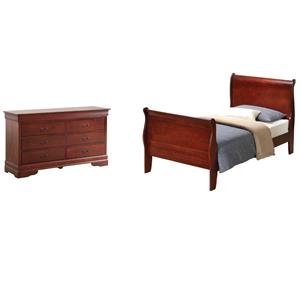 Pemberly Row Set of 2 Twin Sleigh Bed and 6-Drawer Dresser in Cherry