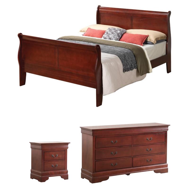 Pemberly Row Set of 3 Queen Sleigh Bed and Dresser and Nightstand in Cherry