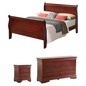 Pemberly Row Set of 3 Queen Sleigh Bed and Dresser and Nightstand in Cherry
