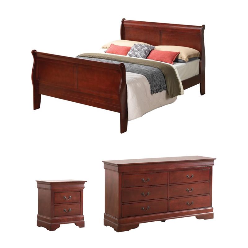 Pemberly Row Set of 3 Full Sleigh Bed and Dresser and Nightstand in Cherry