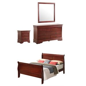 Pemberly Row Set of 4 Queen Sleigh Bed & Dresser & Nightstand & Mirror in Cherry