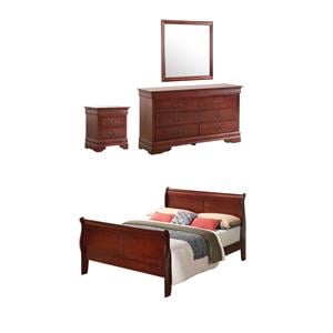 Pemberly Row Set of 4 King Sleigh Bed & Dresser & Nightstand & Mirror in Cherry