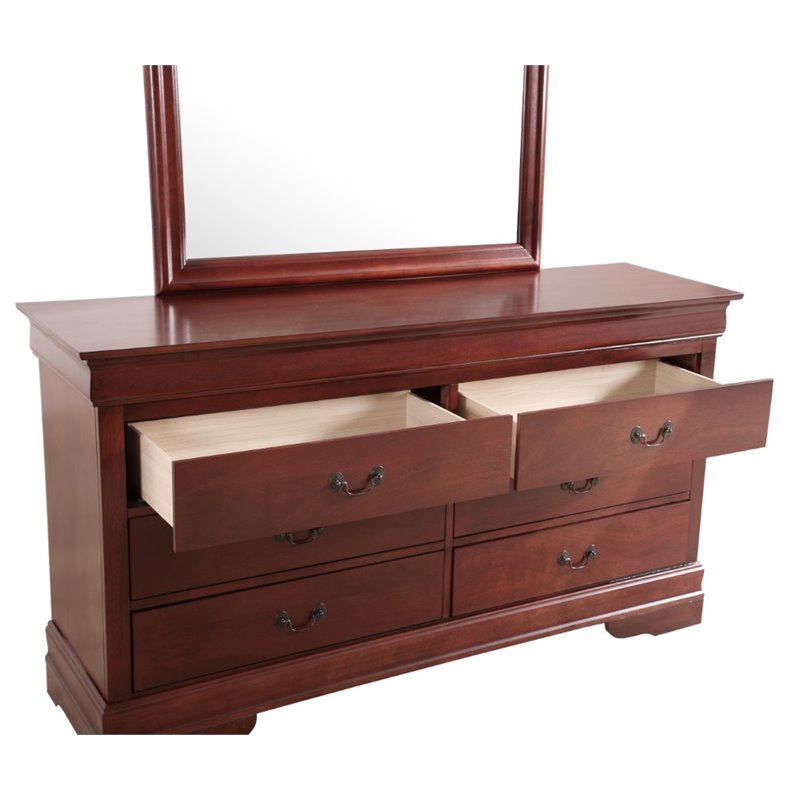 Pemberly Row Set of 4 Full Sleigh Bed & Dresser & Nightstand & Mirror in Cherry