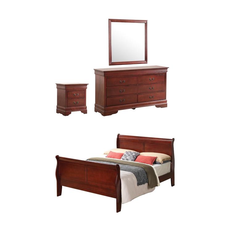 Pemberly Row Set of 4 Full Sleigh Bed & Dresser & Nightstand & Mirror in Cherry