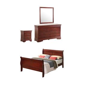 Pemberly Row Set of 4 Full Sleigh Bed & Dresser & Nightstand & Mirror in Cherry