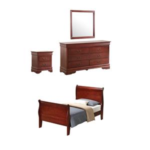 Pemberly Row Set of 4 Twin Sleigh Bed & Dresser & Nightstand & Mirror in Cherry