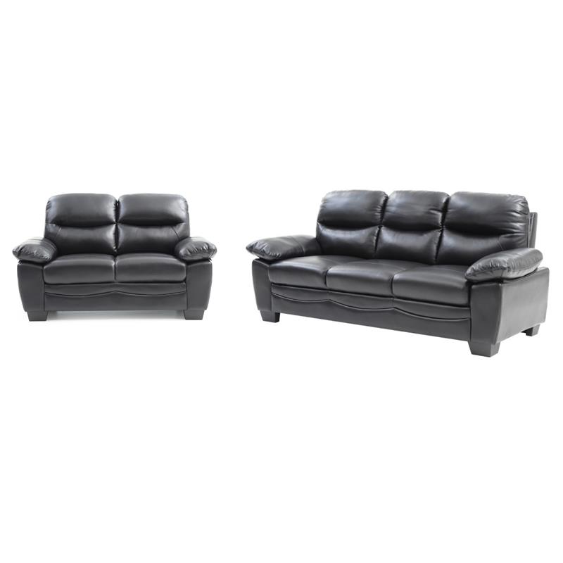 Pemberly Row Set of 2 Faux Leather Loveseat and Sofa in Black