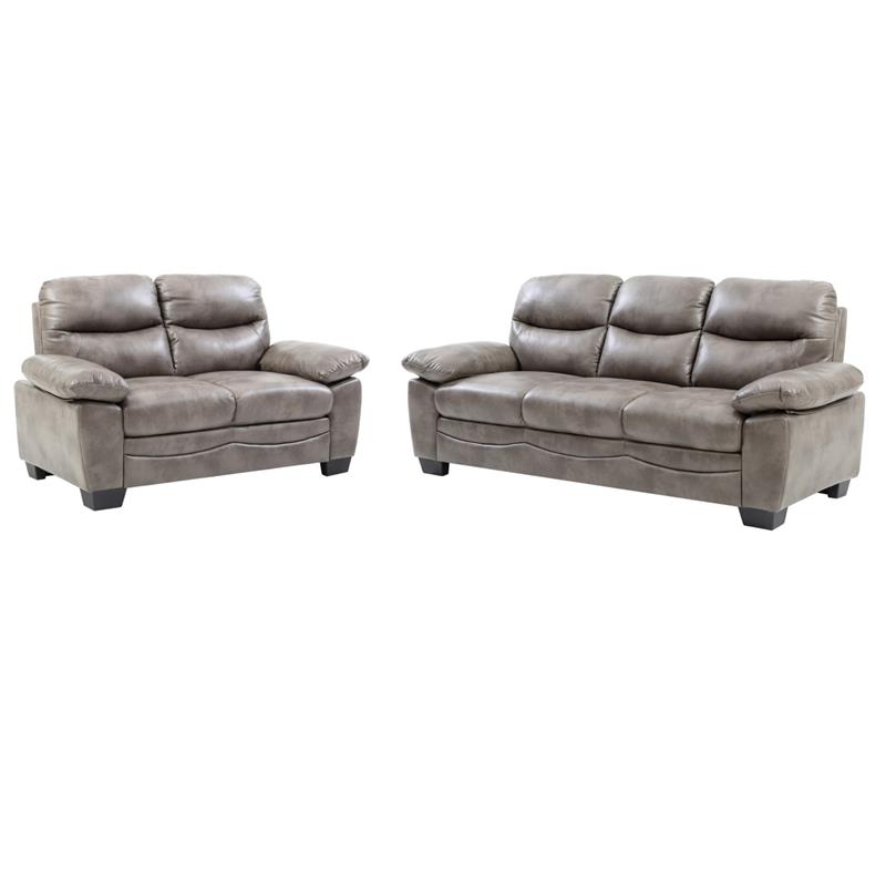 Pemberly Row Set of 2 Faux Leather Loveseat and Sofa in Gray