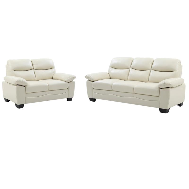 Pemberly Row Set of 2 Faux Leather Loveseat and Sofa in Pearl