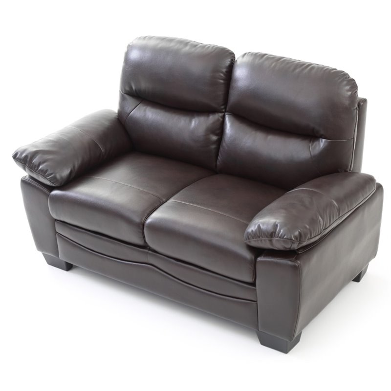 Pemberly Row Set of 2 Faux Leather Loveseat and Sofa in Dark Brown