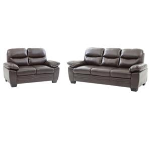 Pemberly Row Set of 2 Faux Leather Loveseat and Sofa in Dark Brown
