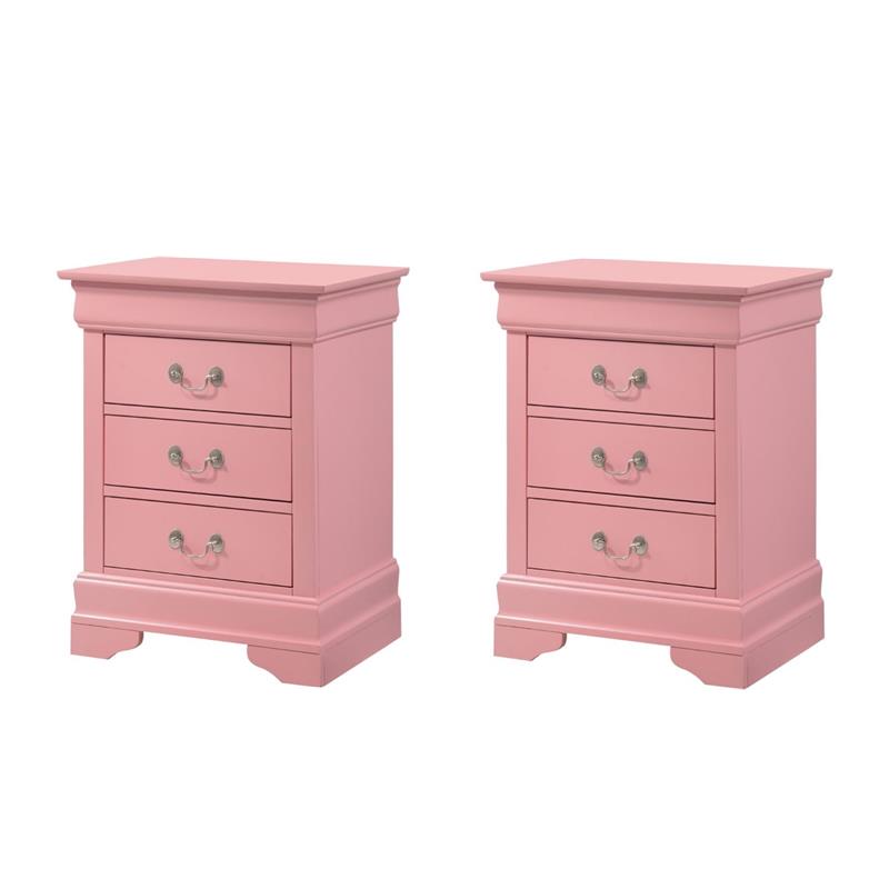 Pemberly Row Set of 2 Engineered Wood 3-Drawer Nightstands in Pink