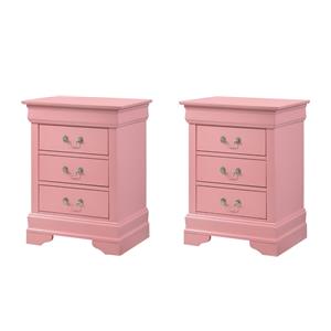Pemberly Row Set of 2 Engineered Wood 3-Drawer Nightstands in Pink