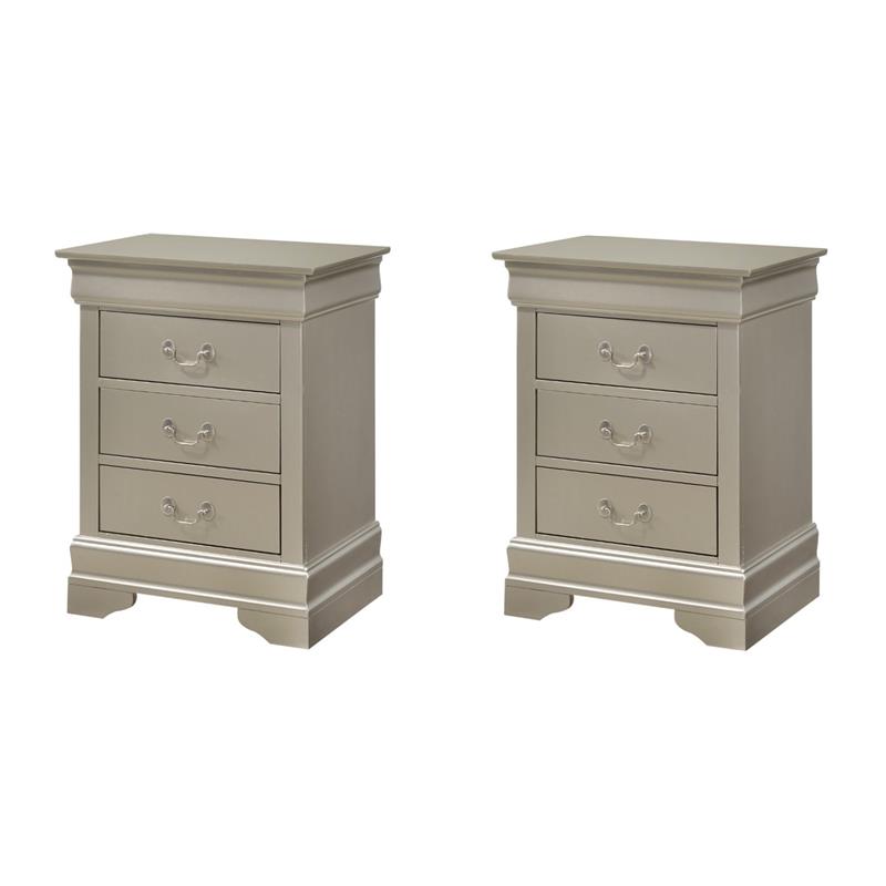 Pemberly Row Set of 2 Engineered Wood 3-Drawer Nightstands in Silver Champagne