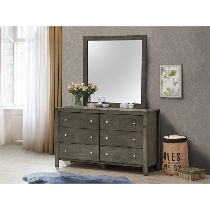 Pemberly Row Set of 2 Transitional 6-Drawer Dresser and Mirror in Gray