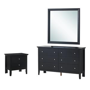 Pemberly Row Set of 3 Transitional Dresser and Nightstand and Mirror in Black