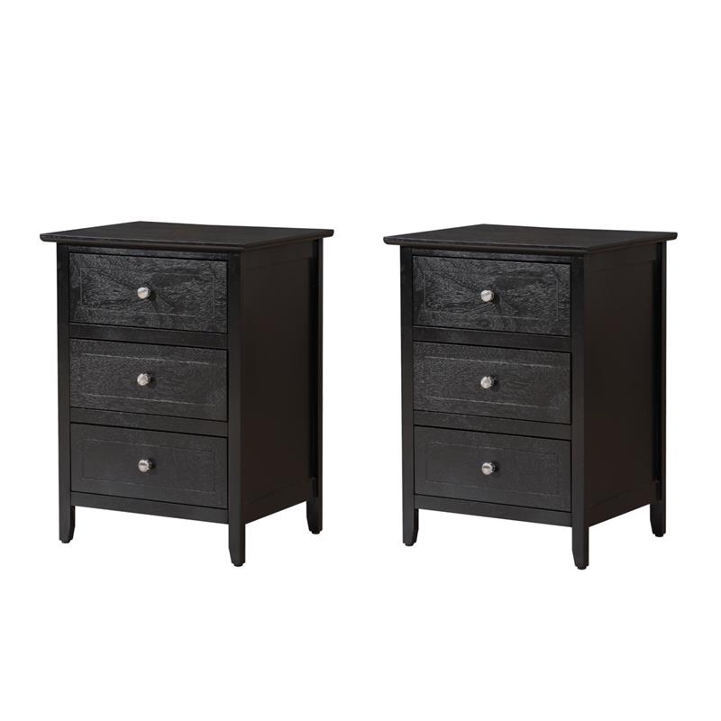 Pemberly Row Set of 2 Engineered Wood 3-Drawer Nightstands in Black