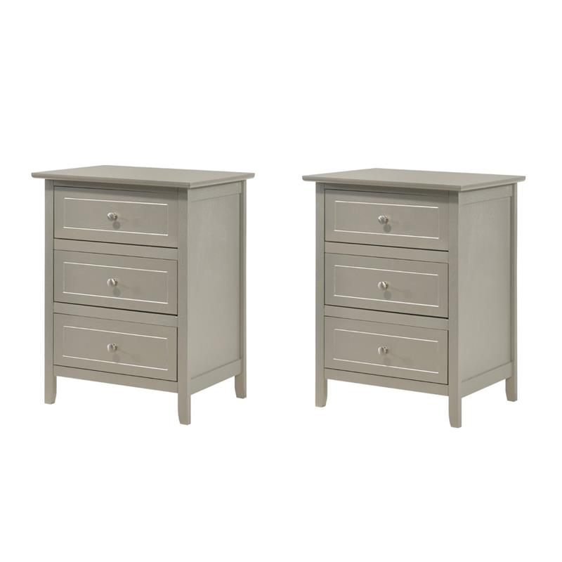 Pemberly Row Set of 2 Engineered Wood 3-Drawer Nightstands in Silver Champagne