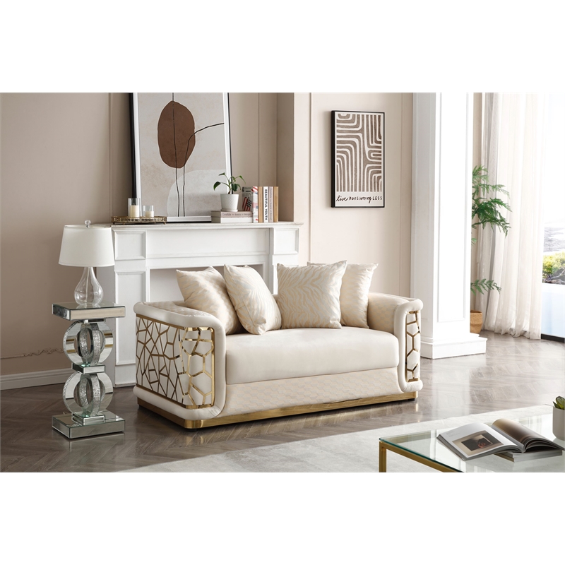 Pemberly Row Set of 2 Modern Velvet Loveseat and Sofa in Ivory