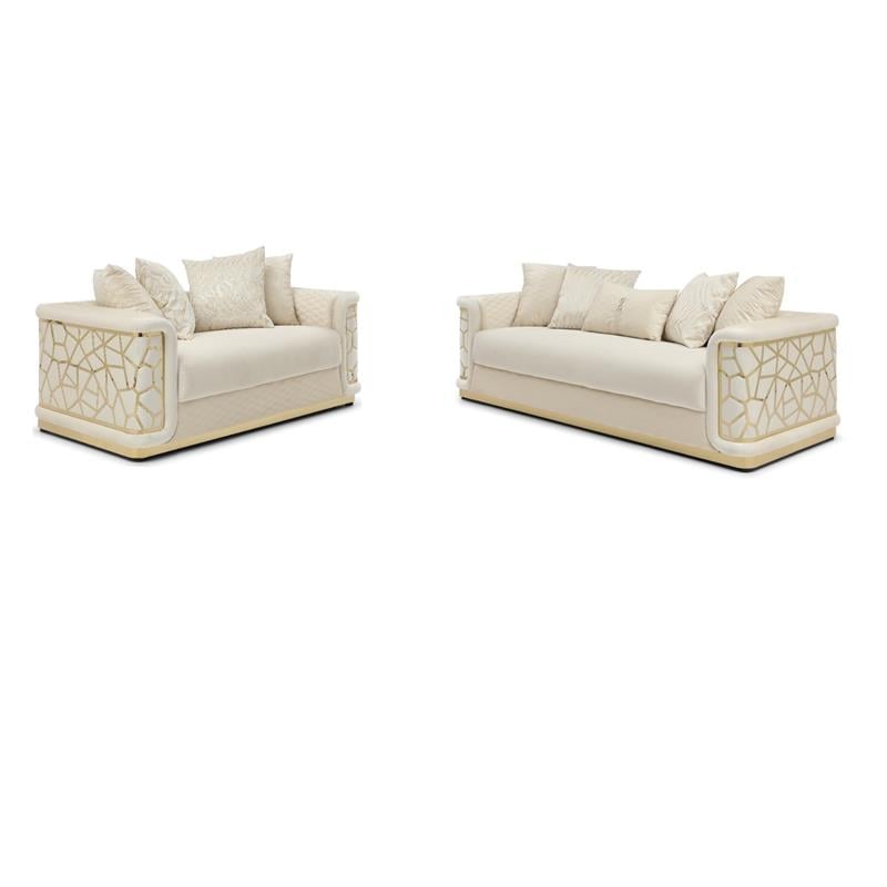 Pemberly Row Set of 2 Modern Velvet Loveseat and Sofa in Ivory