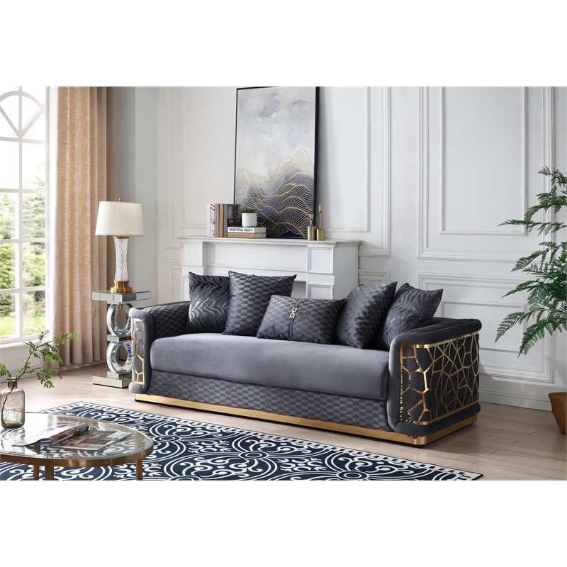 Pemberly Row Set of 2 Modern Velvet Sofa and Loveseat in Dark Gray