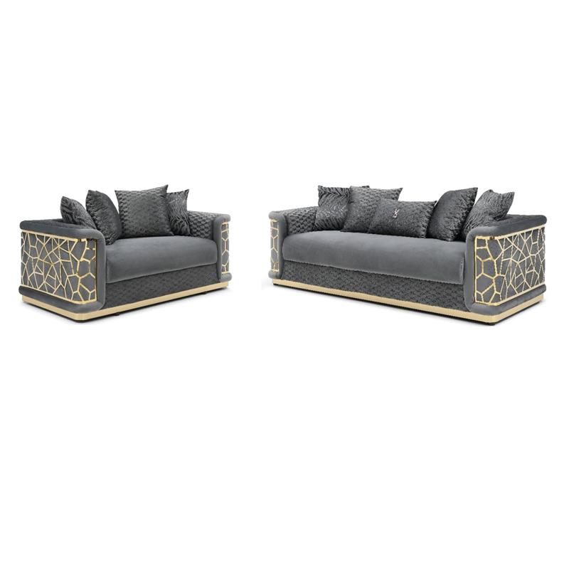Pemberly Row Set of 2 Modern Velvet Sofa and Loveseat in Dark Gray
