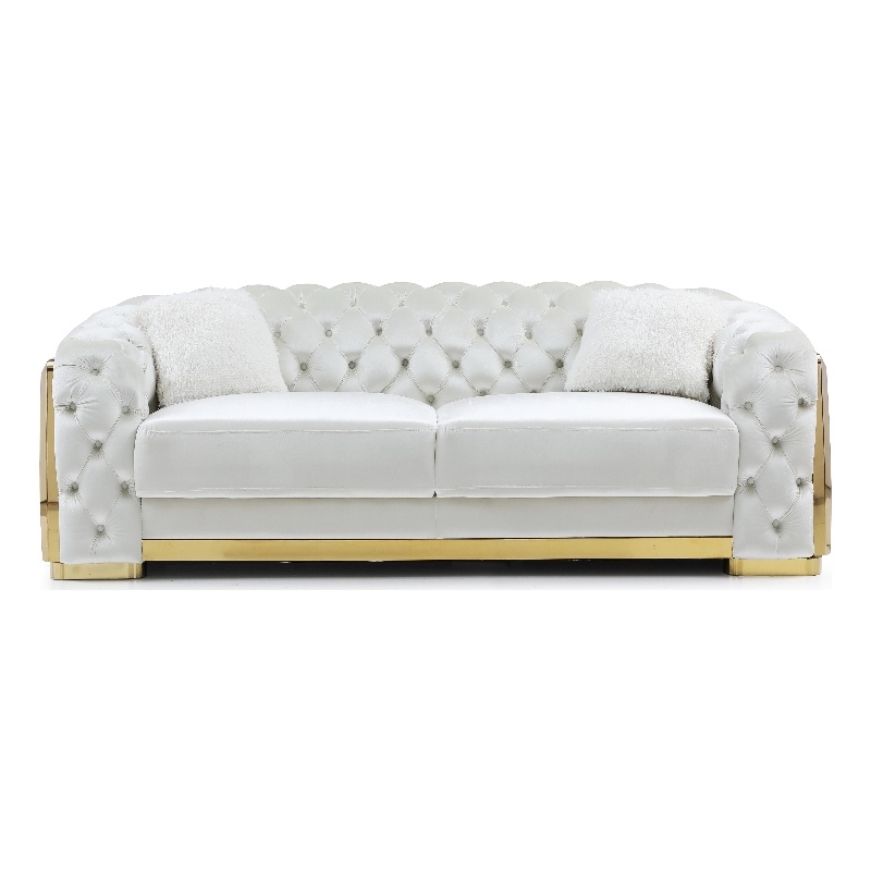 Pemberly Row Set of 2 Velvet Loveseat and Sofa with Cushion in Ivory / Gold