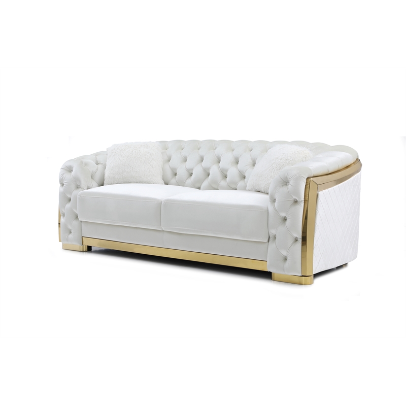 Pemberly Row Set of 2 Velvet Loveseat and Sofa with Cushion in Ivory / Gold