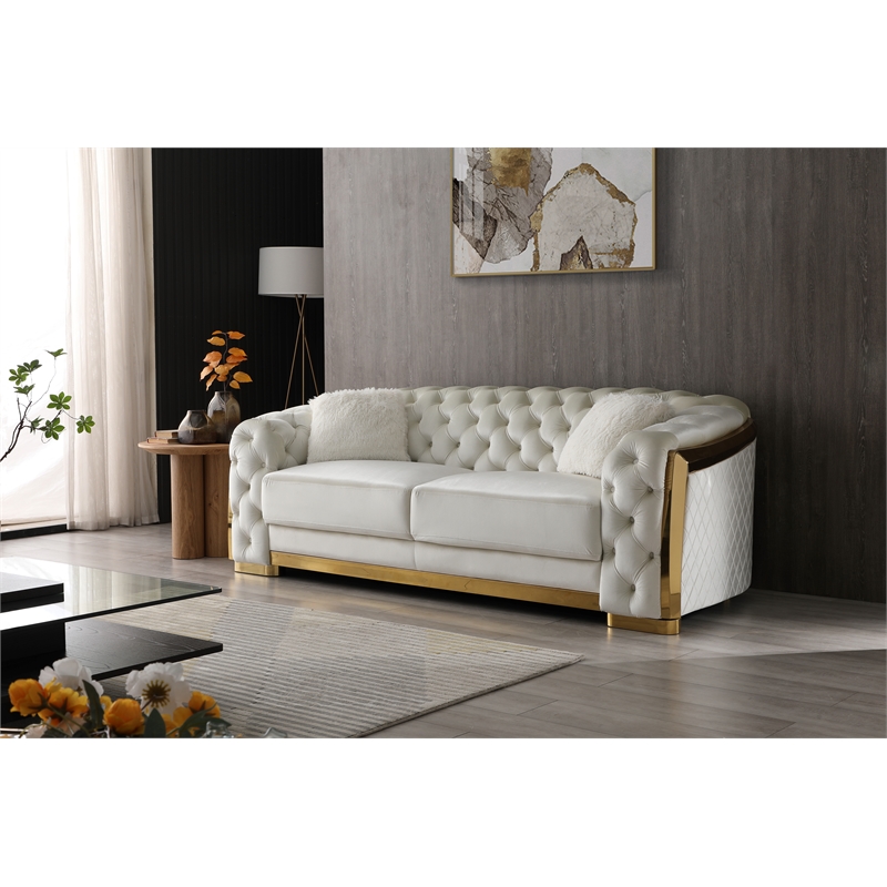 Pemberly Row Set of 2 Velvet Loveseat and Sofa with Cushion in Ivory / Gold