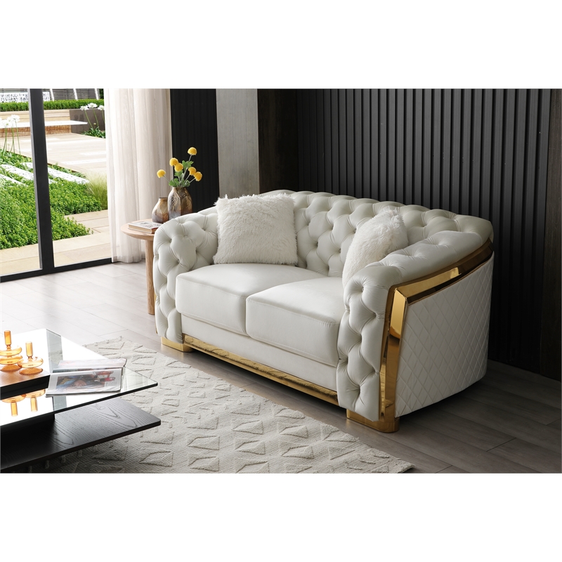 Pemberly Row Set of 2 Velvet Loveseat and Sofa with Cushion in Ivory / Gold