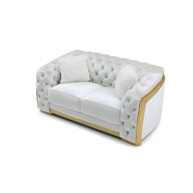 Pemberly Row Set of 2 Velvet Loveseat and Sofa with Cushion in Ivory / Gold