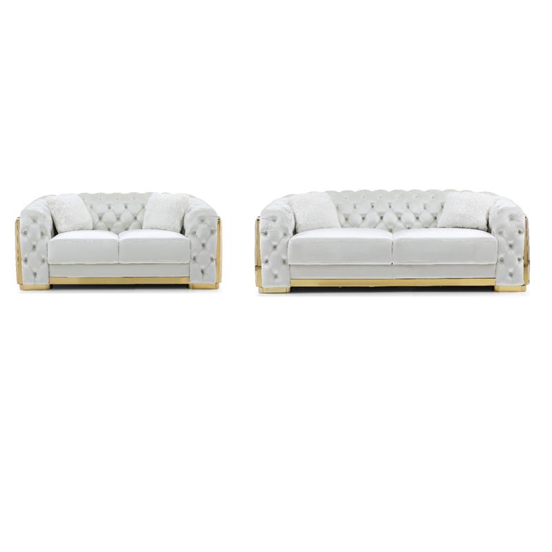Pemberly Row Set of 2 Velvet Loveseat and Sofa with Cushion in Ivory / Gold