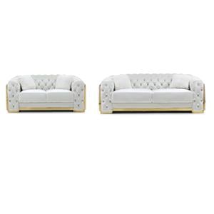 Pemberly Row Set of 2 Velvet Loveseat and Sofa with Cushion in Ivory / Gold