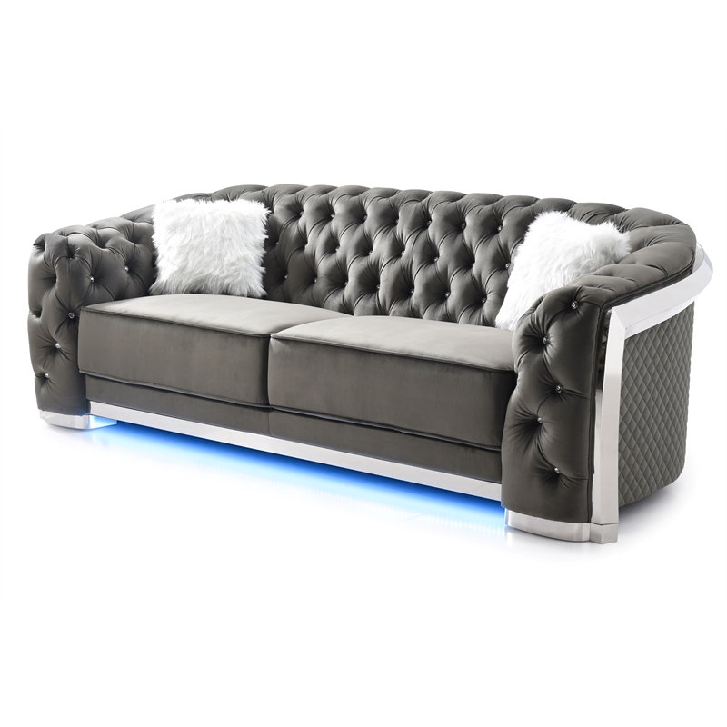 Pemberly Row Set of 2 Gray Velvet Loveseat and Sofa With LED Accent Lighting