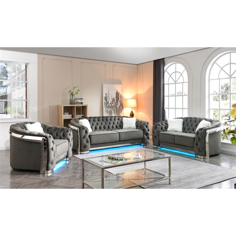 Pemberly Row Set of 2 Gray Velvet Loveseat and Sofa With LED Accent Lighting