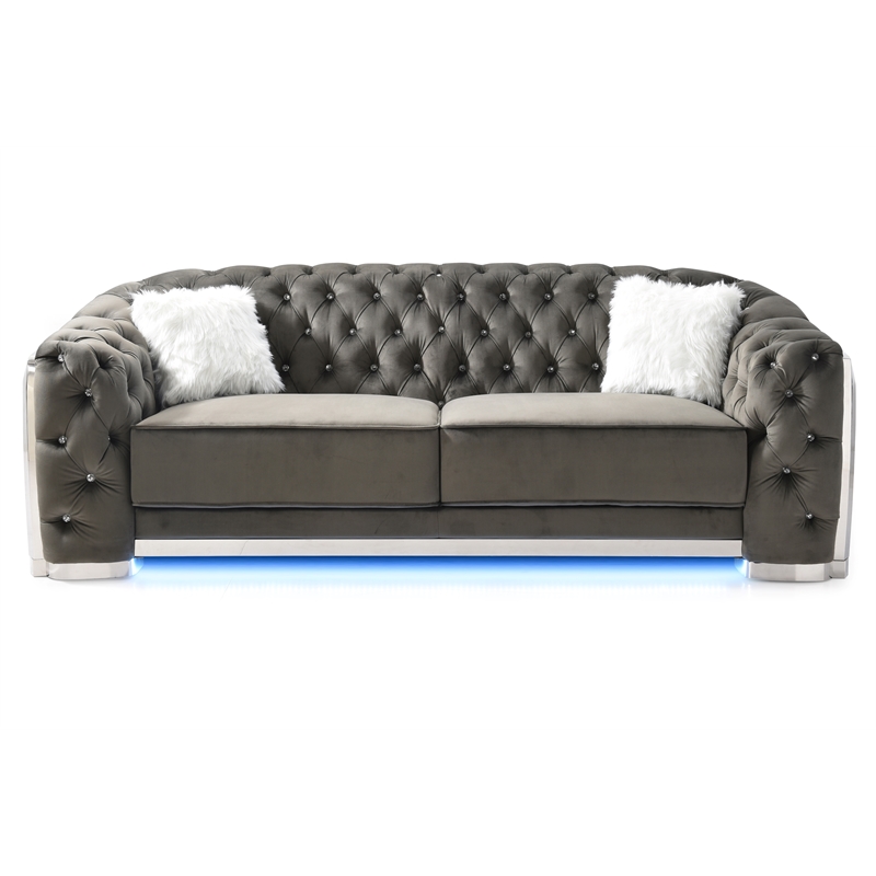 Pemberly Row Set of 2 Gray Velvet Loveseat and Sofa With LED Accent Lighting